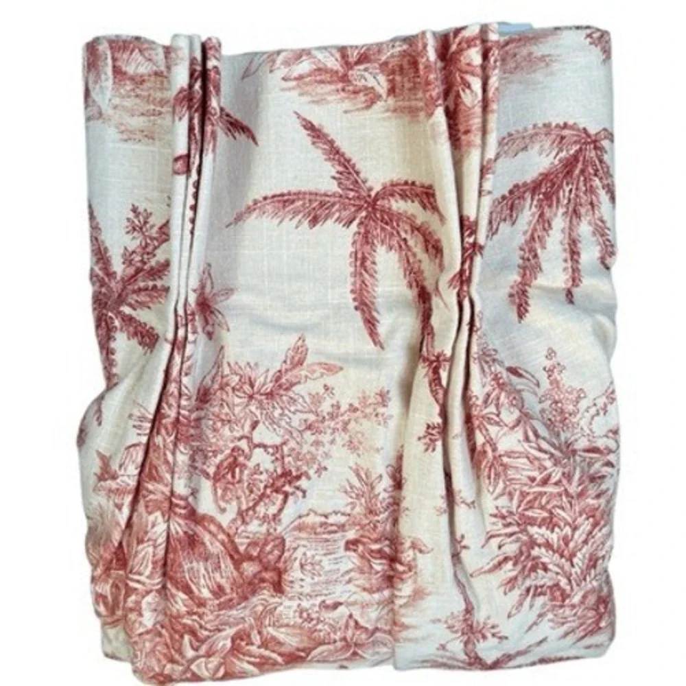 Vintage Red Toile Palm Tree Cotton Pinch Pleat Heavy Curtain‎ Panels Pair 82 In